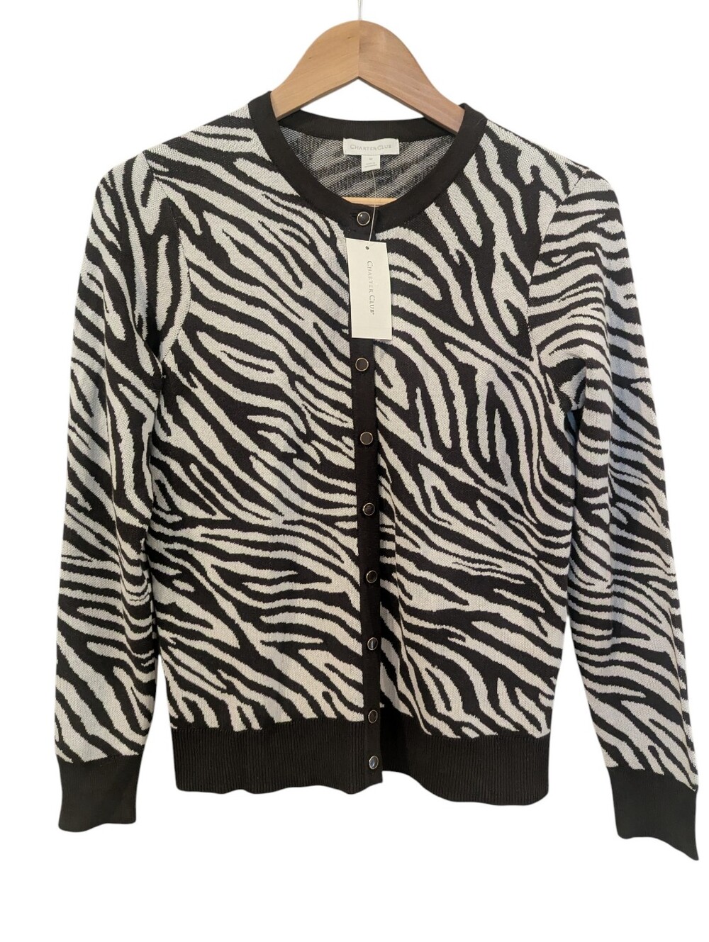 CHARTER CLUB Brown and White Zebra-Print Button Cardigan Medium